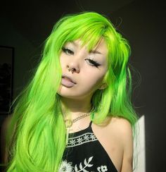 "Blonde Ambition: Warming Up Your Look with Blonde Shades" Green Hair With Bangs, Grunge Piercings, Neon Green Hair, Creative Hair Color, Hair With Bangs, Alternative Hair, Scene Hair