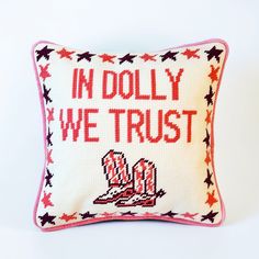 Indulge in a touch of country charm with our "In Dolly We Trust" needlepoint pillow, adorned with the iconic pink boots that pay homage to the legendary Dolly Parton. Each stitch is a testament to craftsmanship, meticulously bringing to life the vibrant colors and playful details of Dolly's signature style. Crafted with care from high-quality materials, including a plush velvet backing and a resilient insert, our "In Dolly We Trust" needlepoint pillow is as durable as it is delightful. Whether displayed proudly on your sofa, nestled in your reading nook, or adorning your bed, it's sure to spark conversation and bring a smile to the face of any Dolly enthusiast or lover of unique, whimsical decor. Celebrate the irrepressible spirit and boundless talent of Dolly Parton with our "In Dolly We Dolly Parton Room Decor, Dolly Parton Decor, Dolly Parton House, In Dolly We Trust, Dolly Parton Quotes, Cheeky Quotes, Needlepoint Pillow, Fun House, Pink Boots