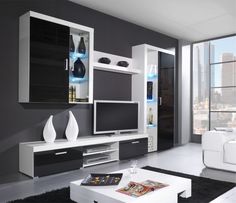 a modern living room with black and white furniture