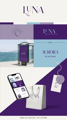 an advertisement for the lunaa resort and spa in aurora beach, california on purple and blue