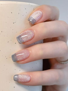 gray nails: shimmery base French tips Gray And Silver Nails Glitter, Grey French Tip Nail Designs, Grey Gel Nails, Light Gray Nails, Nail Paint Shades, Grey Nail Polish, Silver Nail Designs, Dark Blue Nails, Grey Nail Designs