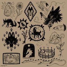 some tattoos that are in black and white on a brown background with an image of animals