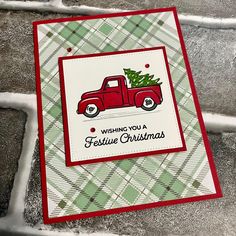 This adorable little red pickup truck is perfect to send festive greetings to that vintage pickup  lover this holiday season!  This festive card is finished off with a few sparkly rhinestones and "Wishing you a Festive Christmas" sentiment.    This card is A2 size (4.25 x 5.5") and comes complete with a crisp, white envelope. Trucking Along Cards, Sketched Plaid Stampin Up Cards, Stampin Up Trucking Along Bundle 2023, Stampin Up Sketched Plaid, Trucking Along, Red Truck Christmas Cards