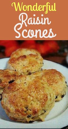 three biscuits on a white plate with the words wonderful raisin scones above it