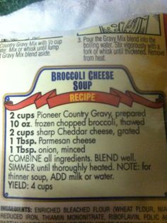 the label for broccoli cheese soup is shown