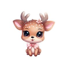 a cute little deer with big eyes and a pink bow on its head is sitting down