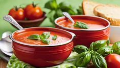 two red bowls filled with tomato soup next to slices of bread and fresh basil leaves