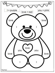 a teddy bear with the words i love you in black and white, on a coloring page