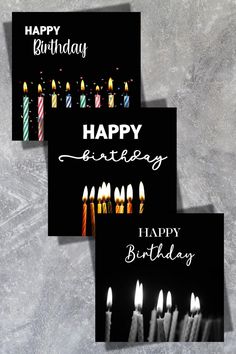 three birthday cards with candles on them