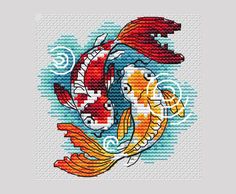 a cross stitch pattern with two koi fish