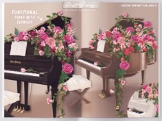 an open book with piano and flowers on it