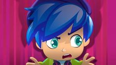 a cartoon character with blue hair and green eyes