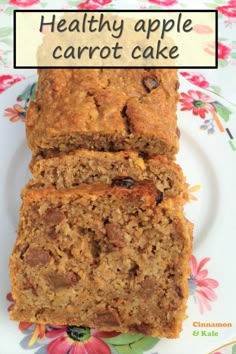 healthy apple carrot cake on a plate with the words healthy apple carrot cake above it