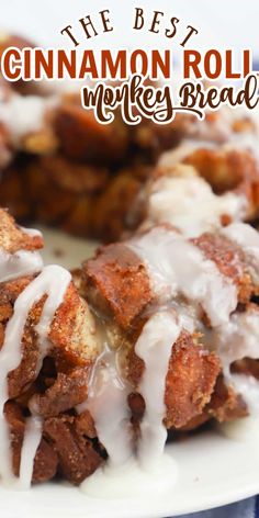 cinnamon roll monkey bread with icing on a white plate