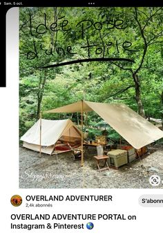 an image of a tent in the woods with words above it that read, we're