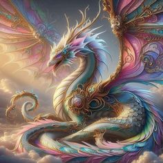 a colorful dragon sitting on top of a cloud filled sky