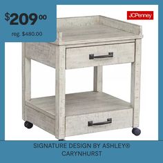 a white wooden table with two drawers on it and the price is $ 20 99