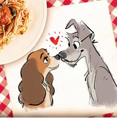 a plate of spaghetti and a drawing of a dog kissing another dog on the nose