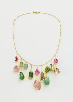 18kt Gold Iris Mixed Tourmaline Fringe Necklace Dream Jewelry Necklaces, Color Palette Jewelry, Watermelon Tourmaline Jewelry, Natural Kibbe, Batman Villain, Contemporary Jewellery Necklace, Jewelry 2024, Resort Jewelry, Jewelry Presentation