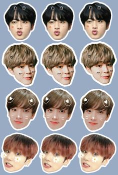 six stickers with the faces of young men in different poses and hairstyles