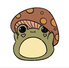 a cartoon frog with a mushroom hat on its head and eyes, looking to the side