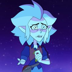 a cartoon character with blue hair and glasses pointing to the sky at stars in the background