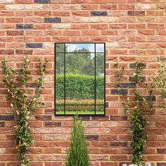 there is a window in the side of a brick wall with plants growing on it