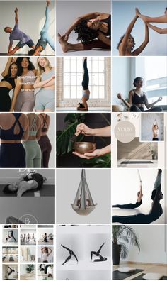 the collage shows many different images of women doing yoga and standing on one leg