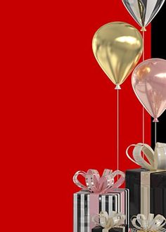 three gift boxes with balloons attached to them on a red and black striped tablecloth