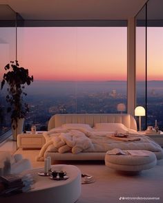 a bedroom with a large window overlooking the city at sunset or dawn, and round bed in foreground