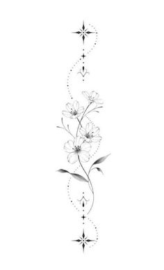 a black and white drawing of flowers with stars on the bottom half of each flower