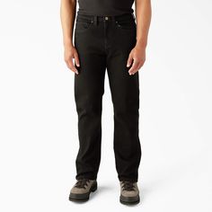 Our Men's FLEX Regular Fit 5-Pocket Jeans are comfortable enough for a tough workday, yet stylish enough to wear any day. Featuring Dickies FLEX, this denim stretches to keep up with every move you make while offering durability you can trust and count on. It's also constructed with double-needle stitching, and provides a regular fit with a straight leg style. The 5 pockets can help you move through your day with your hands free. And the antique brass button fastener adds a touch of flair. Black Work Pants With Hip Pockets For Outdoor Work, Black Work Pants With Hip Pockets For Outdoor, Straight Jeans Men, Painters Pants, Knee Pants, Carpenter Pants, Us Man, Pocket Jeans, Work Pants