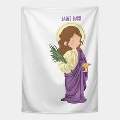 the saint lucia icon with palm leaves and a candle in her hand, on a white background