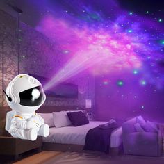 an astronaut is standing in the middle of a room with purple and green lights on it