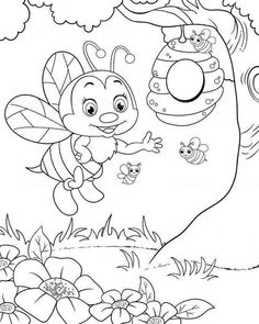 a cartoon bee flying through the air with flowers in the foreground and bees around it