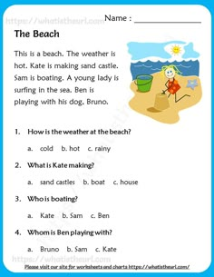 the beach worksheet with answers for children to learn how to write and read