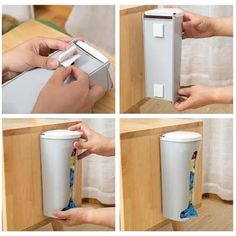 four pictures showing how to use a paper towel dispenser on a coffee cup