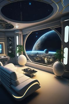 a living room filled with furniture and a large window overlooking the planets in this space