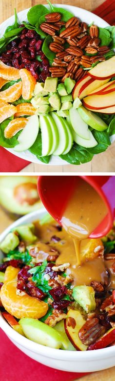 two pictures showing different types of food being made in the same bowl, one with apples and another with pecans