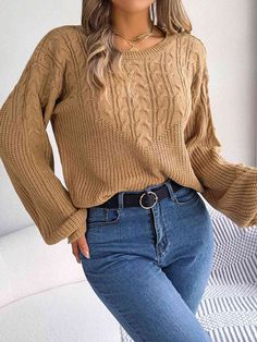 Features: Cable-knit Stretch: Slightly stretchy Material composition: 100% acrylic Care instructions: Machine wash cold. Tumble dry low. Imported Product measurements: S: bust 39 in, shoulder 20.7 in, sleeve length 20.7 in, length 22.6 inM: bust 40.6 in, shoulder 21.1 in, sleeve length 21.5 in, length 23 inL: bust 42.9 in, shoulder 21.5 in, sleeve length 22.2 in, length 23.4 in Winter Outfits For Teens, Lantern Sleeve Sweater, Legging Sport, Casual Sweater, Drop Shoulder Sweaters, Weave Style, Winter Tops, Round Neck Sweaters, Lantern Sleeve