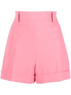 rose pink high-waisted pressed crease belt loops two side slit pockets two rear welt pockets turn-up hem Tailored Shorts, Pleated Shorts, Designer Shorts, Linen Shorts, High Waisted Shorts, Short Outfits, Moschino, Chic Style, Short Dresses