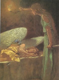 a painting of a woman laying on a bed next to a man with an angel above her