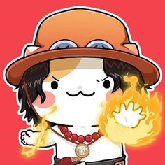 a cartoon character with a hat on holding a fire