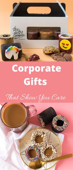 an assortment of corporate gifts that show you care on a pink background with text overlay