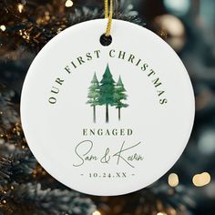 Celebrate your first Christmas engaged with this beautiful ornament! Featuring a modern watercolor pine tree design, this ceramic ornament adds a cozy touch to your tree. Personalize with custom text to make it uniquely yours! #zazzlemade Watercolor Pine Tree, Pine Tree Design, First Christmas Engaged, Modern Watercolor, Tree Design, Pine Trees, Tree Designs, Pine Tree