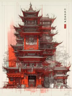 an architectural drawing of a chinese building with red paint on the front and side walls