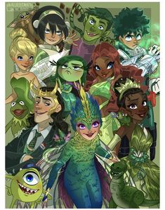 an image of many cartoon characters with green hair and blue eyes, all dressed up in costumes