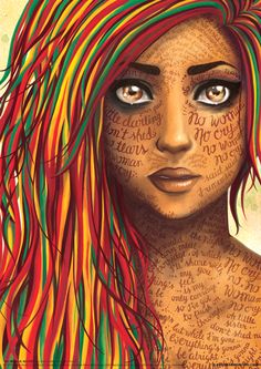 a woman's face with colorful hair and words written on it, as well as the