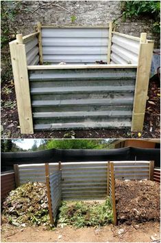 an outdoor garden area made out of pallets and fenced in to the ground