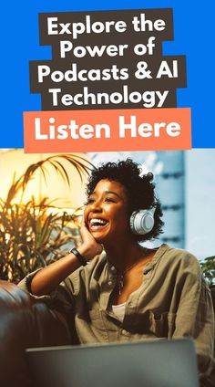 a woman sitting in front of a laptop computer with headphones on her ears, smiling